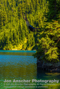 Jumping into big Cougar Lake